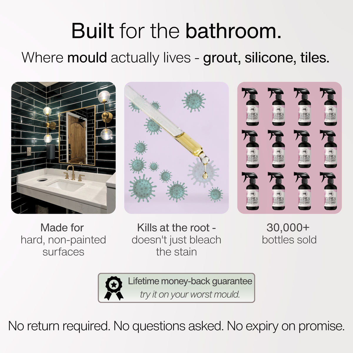 Clove & Eucalyptus Mould Spray built for bathrooms — grout, silicone and tiles, 30,000+ sold